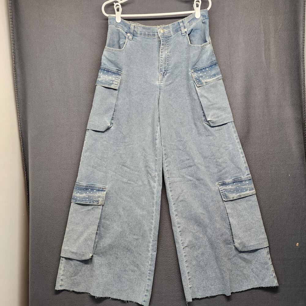 Madden NYC Jeans Women M Blue Wide Leg Cargo Raw Hem Utility Rhinestones Skater - Picture 15 of 15